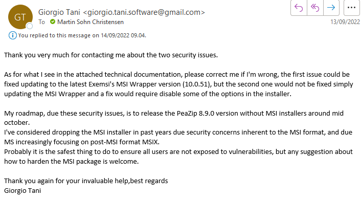 Local privilege escalation vulnerabilities in PeaZip MSI installer